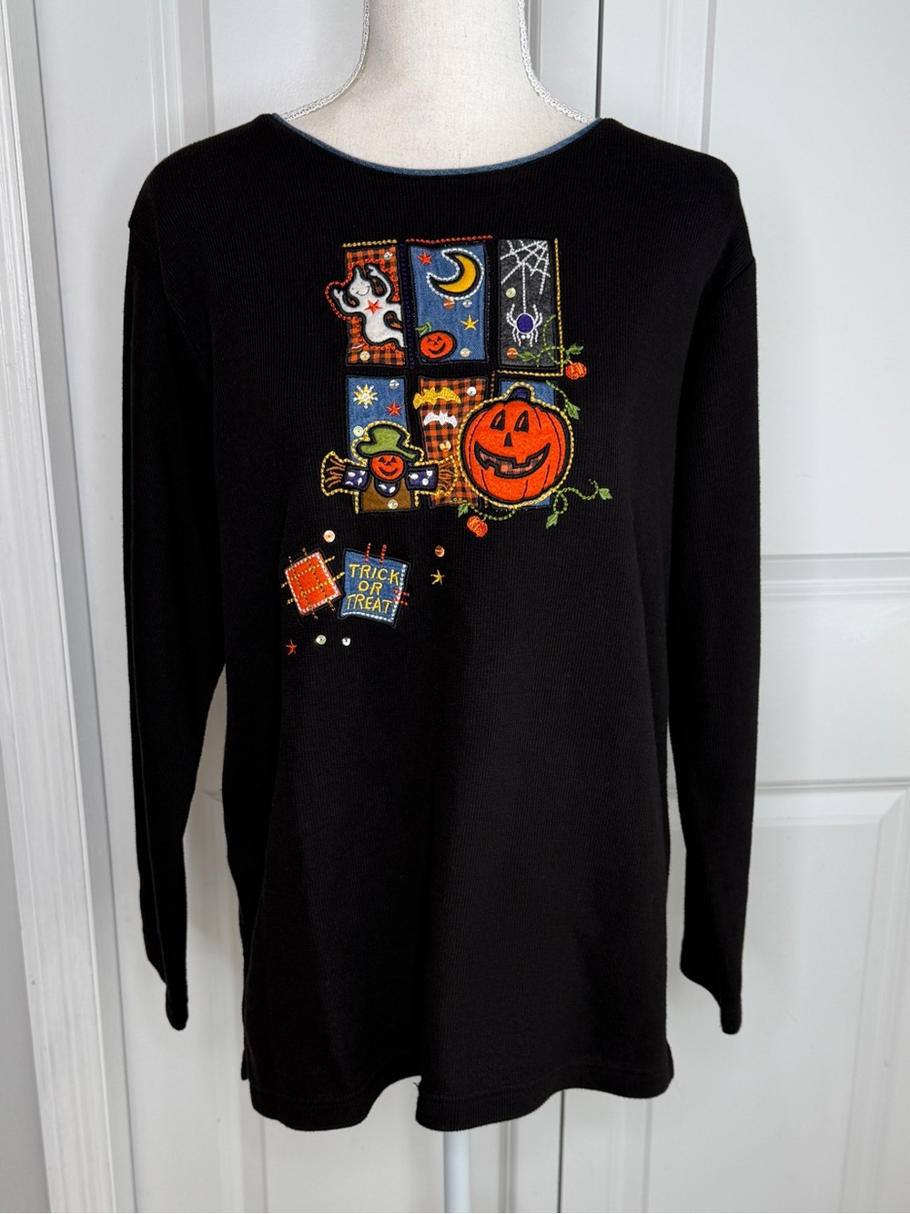 Vintage Black Halloween Embellished Long Sleeve Shirt Medium Pumpkin Ghost 90s